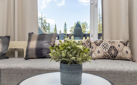Ruka Chalets 3202: Furniture, Interior Design, Flooring, Couch, Wood, Floor, Textile, Living Room, Lighting, Home