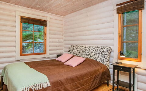 Villa Saimaa: Wood, Interior Design, Bedroom, Flooring, Furniture, Floor, Bed, Linens, Bed Sheet, Bed Frame