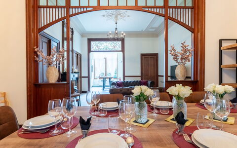 Notre Refuge - Your Belle Époque Escape: Furniture, Interior Design, Wood, Table, Dining Room, Flooring, Chair, Kitchen & Dining Room Table, Ceiling, Lighting