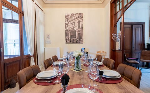 Notre Refuge - Your Belle Époque Escape: Furniture, Interior Design, Wood, Flooring, Table, Ceiling, Floor, Chair, Dining Room, Kitchen & Dining Room Table