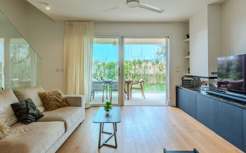 Villa Malia Private Pool: Interior Design, Furniture, Flooring, Floor, Ceiling, Wood, Couch, Wood Flooring, Living Room, Lighting