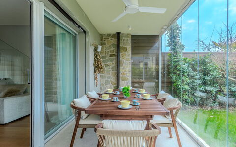 Villa Malia Private Pool: Flooring, Interior Design, Furniture, Wood, Floor, Ceiling, Lighting, Chair, Kitchen & Dining Room Table, Home
