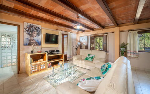 Sa Torreta: Furniture, Interior Design, Couch, Flooring, Floor, Wood, Ceiling, Living Room, Room, Home