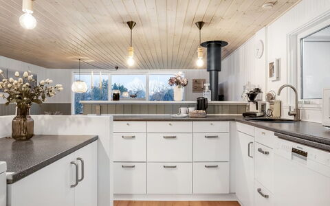 Felicia - from the Sea: Kitchen, Countertop, Interior Design, Wood, Ceiling, Cabinetry, Light Fixture, Flooring, Kitchen Appliance, Home