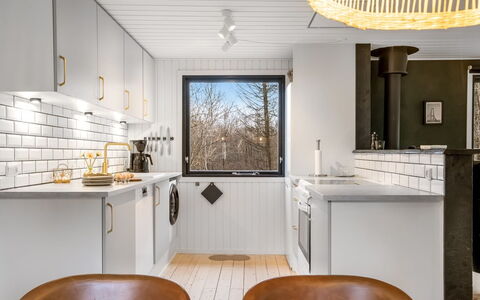 Dreng - from the Sea: Kitchen, Interior Design, Wood, Light Fixture, Ceiling, Countertop, Flooring, Lighting, Kitchen Appliance, Home