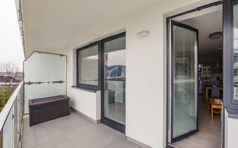 Bliżej Morza: Furniture, Chair, Table, Apartment, Outdoor Furniture, Balcony, Kitchen & Dining Room Table, Condominium, Shade, Patio