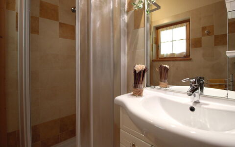 Chalet Genzianella: Bathroom, Plumbing Fixture, Interior Design, Bathroom Sink, Wall, Sink, Flooring, Mirror, Floor, Tap