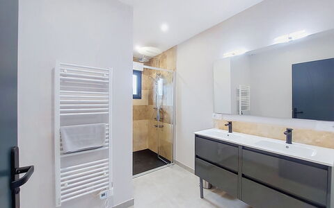 Maison Dune: Flooring, Floor, Interior Design, Plumbing Fixture, Bathroom Cabinet, Bathroom, Mirror, Cabinetry, Tap, Ceiling