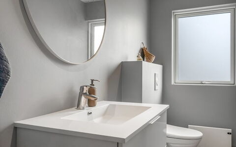 Erja - 600M from the Sea: Plumbing Fixture, Interior Design, Bathroom Sink, Sink, Bathroom, Mirror, Bathroom Cabinet, Flooring, Floor, Tap