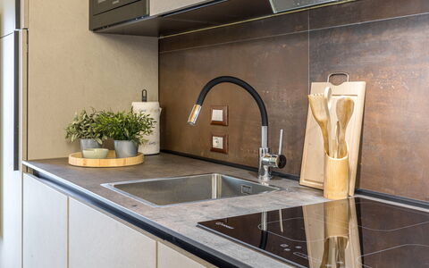 Zena Apartment: Countertop, Kitchen, Kitchen Sink, Wood, Flooring, Interior Design, Plumbing Fixture, Tap, Cabinetry, Kitchen Appliance