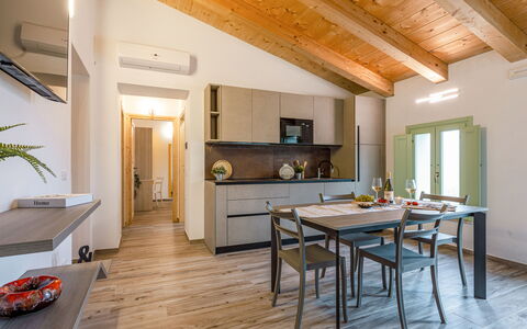 Zena Apartment: Interior Design, Furniture, Wood, Flooring, Ceiling, Floor, Room, Home, Countertop, Kitchen