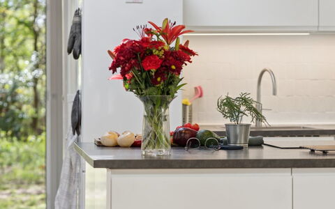 Aiko - 1.8Km from the Sea: Kitchen, Countertop, Interior Design, Flowerpot, Furniture, Houseplant, Cabinetry, Kitchen Appliance, Flooring, Home