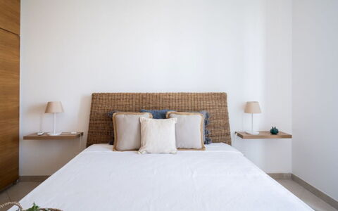 Villa Vitalis: Bed, Bedding, Furniture, Bedroom, Bed Sheet, Interior Design, Linens, Wood, Floor, Flooring