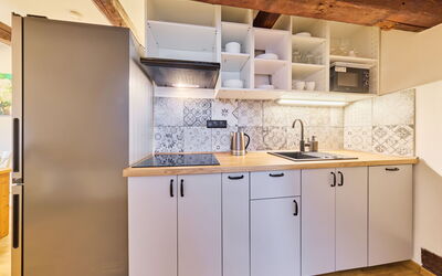 Růžová 6 101.6: Kitchen, Countertop, Flooring, Interior Design, Furniture, Wood, Cabinetry, Floor, Major Appliance, Kitchen Appliance