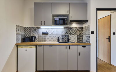Růžová 3 101.3: Countertop, Interior Design, Kitchen, Flooring, Plumbing Fixture, Kitchen Appliance, Floor, Furniture, Sink, Cabinetry