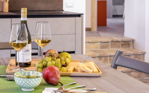 Zena Suite: Tableware, Furniture, Table, Fruit, Bottle, Food, Serveware, Drinkware