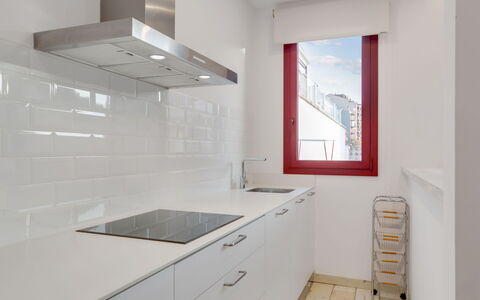 Bright & Artistic: Kitchen, Flooring, Countertop, Interior Design, Floor, Cabinetry, Ceiling, Sink, Home, Kitchen Appliance