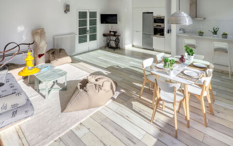 Bright & Artistic: Wood, Furniture, Flooring, Interior Design, Floor, Ceiling, Apartment, Room, Wood Stain, Chair