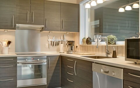 Hemfrith - 500M to the Fjord: Kitchen, Furniture, Countertop, Kitchen Appliance, Cabinetry, Interior Design, Flooring, Major Appliance, Wood, Light Fixture