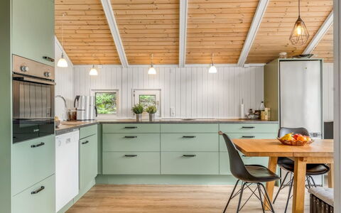 Maini - 350M from the Sea: Kitchen, Countertop, Interior Design, Wood, Flooring, Ceiling, Cabinetry, Furniture, Light Fixture, Kitchen Appliance