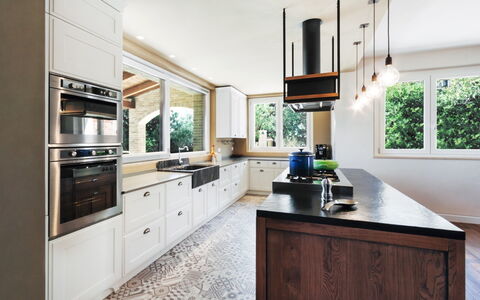 Villa Carciofa: Kitchen, Countertop, Interior Design, Kitchen Appliance, Cabinetry, Wood, Ceiling, Flooring, Furniture, Light Fixture