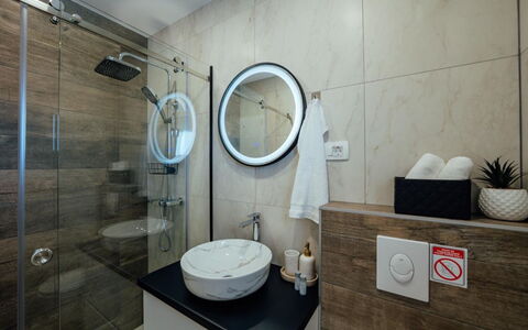 Villa Budimir: Bathroom, Plumbing Fixture, Flooring, Interior Design, Bathroom Sink, Floor, Sink, Tap, Mirror, Toilet