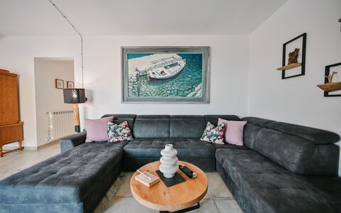Villa Bogijeva Cliff House, Stunning View: Furniture, Interior Design, Couch, Flooring, Floor, Room, Living Room, Lighting, Home, Apartment