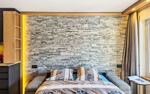 Zermatt 310: Wall, Interior Design, Furniture, Flooring, Wood, Bedroom, Floor, Ceiling, Bed, Stone Wall