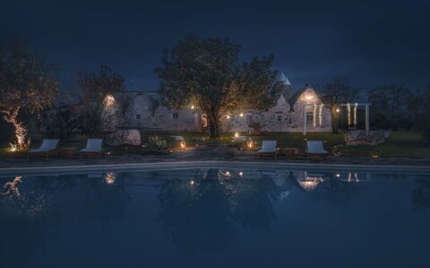 Trulli Experience, Pool, Monopoli: Night, Swimming Pool, Estate, Dusk, Evening, Reflection, Midnight, Landscape Lighting, Landscaping, Yard