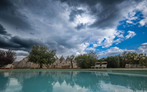 Trulli Experience, Pool, Monopoli: Blue, Sunlight, Swimming Pool, Evening, Meteorological Phenomenon, Cumulus, Dusk, Shadow