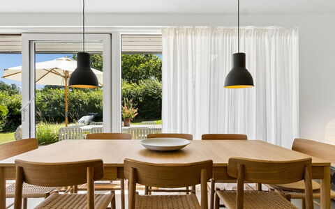 Karlotta - 500M from the Sea: Furniture, Interior Design, Wood, Kitchen & Dining Room Table, Dining Room, Flooring, Table, Light Fixture, Chair, Floor