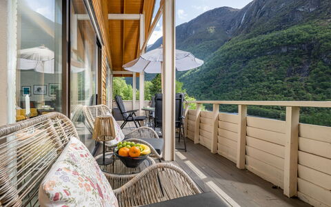 Høyanger Panorama: Wood, Furniture, Porch, Mountain Range, Eco Hotel, Balcony, Chair, Deck, Wood Stain, Hardwood