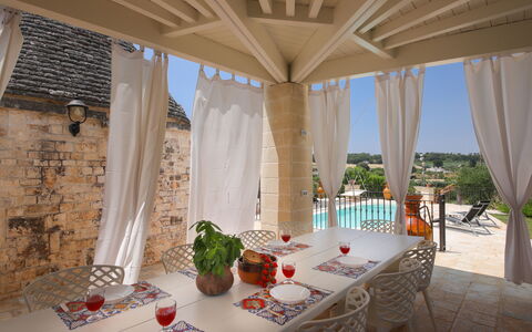 Trulli Retreat, Pool, Locorotondo: Furniture, Chair, Interior Design, Table, Outdoor Furniture, Swimming Pool, Resort, Eco Hotel, Houseplant, Shade