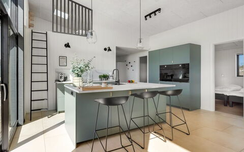 Marten - 500M from the Sea: Furniture, Interior Design, Kitchen, Flooring, Light Fixture, Floor, Countertop, Ceiling, Chair, Kitchen & Dining Room Table