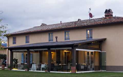 Le Tre Virtù Luxury Relais, Private Pool, Mugello: Shade, Outdoor Structure, Awning, Chair, Pergola, Porch, Yard, Pavilion, Design, Patio