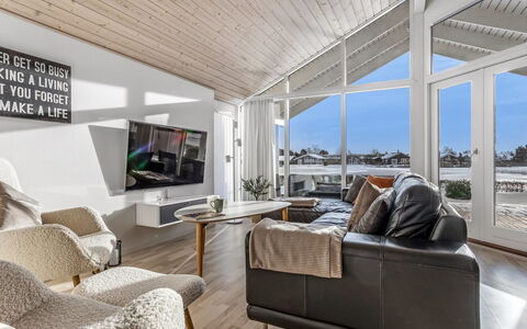 Østmar - 1.3Km from the Sea: Home, Apartment, Ceiling, Living Room, Couch, Hardwood, Design, Wood Flooring, Plank