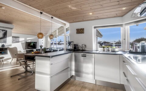 Østmar - 1.3Km from the Sea: Kitchen, Countertop, Kitchen Appliance, Interior Design, Flooring, Wood, Ceiling, Cabinetry, Furniture, Major Appliance