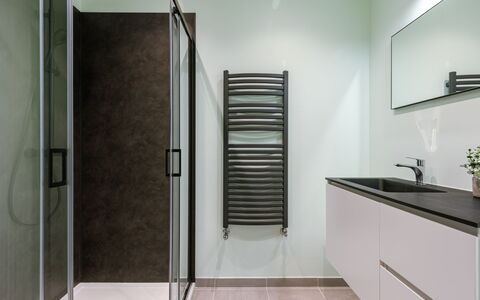 Trondjhem with Seaview: Interior Design, Plumbing Fixture, Flooring, Bathroom, Floor, Bathroom Cabinet, Plumbing, Tap, Tile, Shower