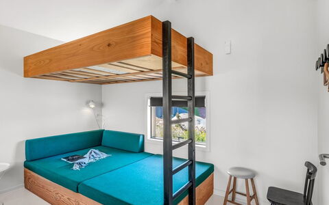 Sointu - 300M from the Sea: Furniture, Bunk Bed, Interior Design, Wood, Floor, Flooring, Bedroom, Bed, Room, Ceiling