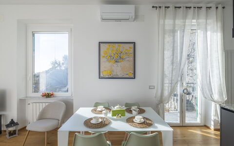 La Casa di Martina, Amazing Seaview: Furniture, Interior Design, Flooring, Table, Dining Room, Chair, Floor, Wood, Kitchen & Dining Room Table, Room