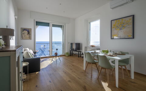 La Casa di Martina, Amazing Seaview: Furniture, Flooring, Floor, Wood, Interior Design, Table, Chair, Kitchen & Dining Room Table, Sea, Wood Flooring