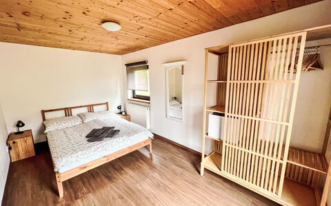 Peklo Hrádeček: Bed, Floor, Flooring, Interior Design, Bedroom, Wall, Wood Flooring, Wood, Furniture, Bed Sheet