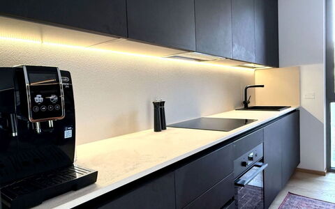 Domus Canazei: Interior Design, Kitchen, Kitchen Appliance, Countertop, Lighting, Black, Flooring, Home Appliance, Cabinetry, Room