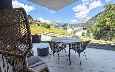 Domus Canazei: Furniture, Outdoor Furniture, Chair, Mountain Range, Natural Material, Shade, Design, Balcony, Alps