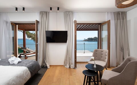 Dubravka: Furniture, Wood, Interior Design, Floor, Sea, Room, Apartment, Bedroom, Bed, Curtain