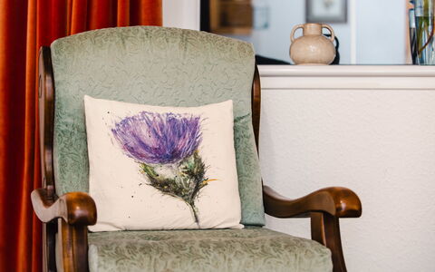 Old Stable on Aigas Golf Course: Furniture, Interior Design, Chair, Cushion, Purple, Picture Frame, Living Room, Comfort, Throw Pillow, Paint