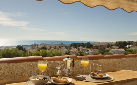 Terraza Azul - Penthouse with Sea View: Furniture, Table, Chair, Outdoor Furniture, Shade, Resort, Linens, Serveware, Balcony, Eco Hotel