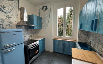 Focaincontromano Apartment with Sea View, Genoa: Kitchen, Kitchen Appliance, Major Appliance, Countertop, Interior Design, Flooring, Cabinetry, Home Appliance, Kitchen Stove, Floor