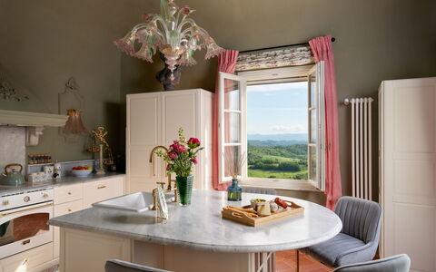 Villa Elisa: Furniture, Interior Design, Table, Flooring, Lighting, Tableware, Home, Chair, Room, Kitchen