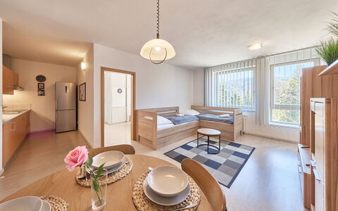 Harrachov Resident a: Interior Design, Furniture, Wood, Flooring, Ceiling, Apartment, Floor, Room, Chair, Living Room